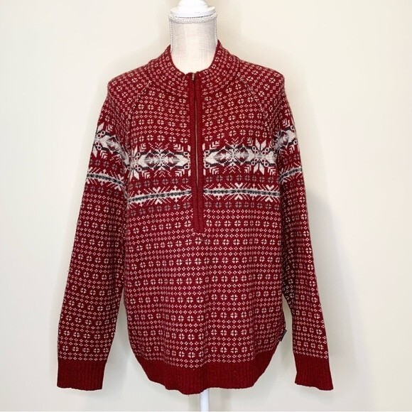 Woolrich 100% Lambs Wool Pullover 1/2 Zip Snowflake Winter Print Sweater XL - Picture 1 of 9